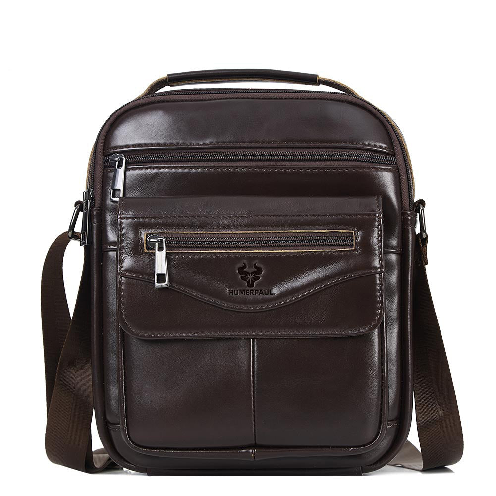 Sacoche verticale homme en cuir marron café, vue de face