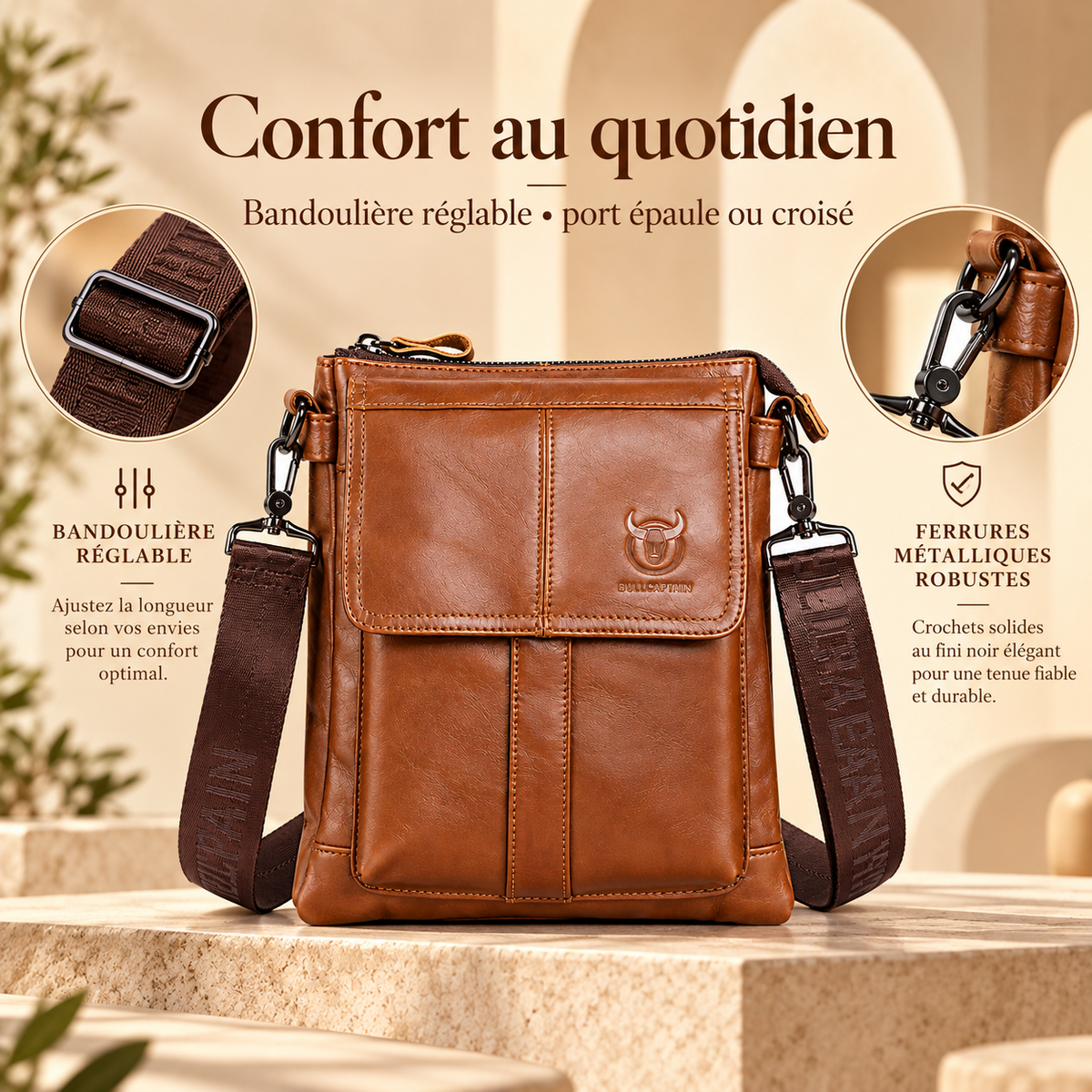 Besace homme en cuir, sangle large réglable