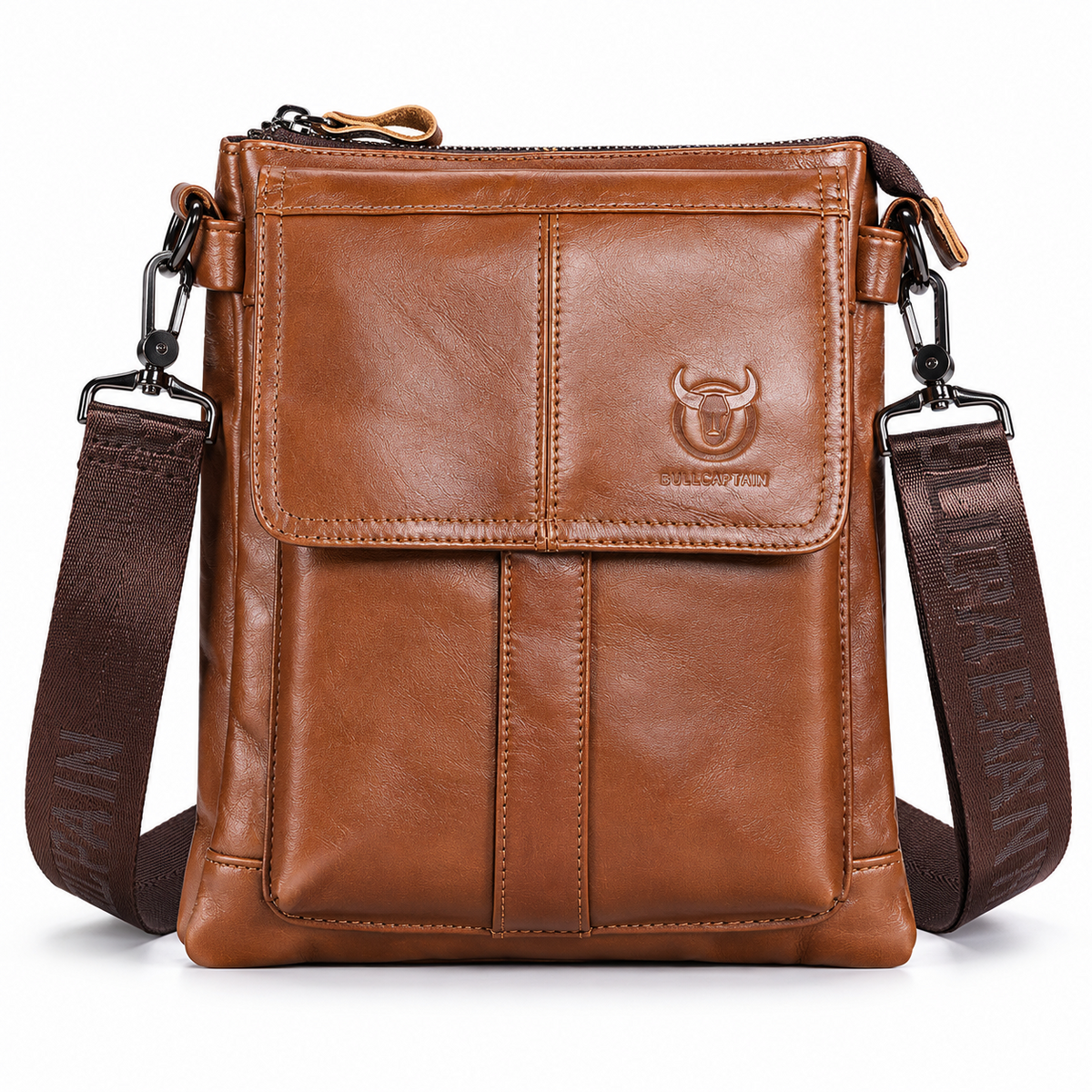 Besace homme en cuir de vachette cognac Le Messager, vue de face