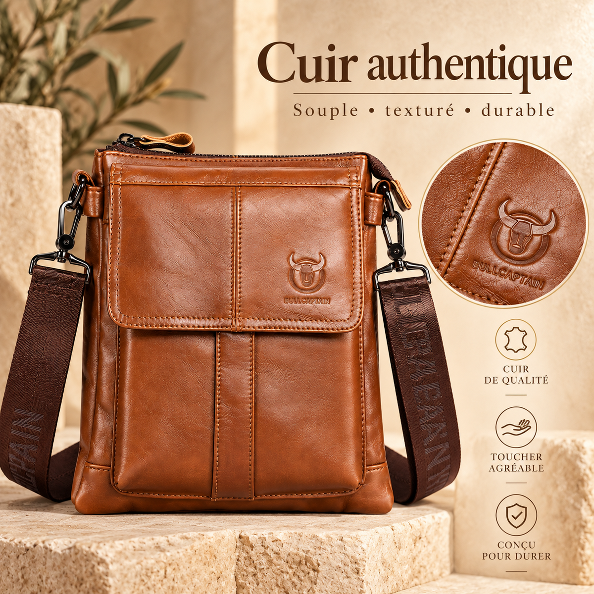 Besace homme en cuir de vachette ciré, détail du cuir