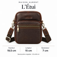 L’Étui — dimensions : hauteur 19,5 cm, largeur 15 cm, épaisseur 7 cm. Bandoulière réglable : 35 à 69 cm
