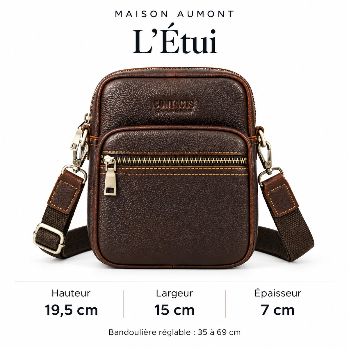 L’Étui — dimensions : hauteur 19,5 cm, largeur 15 cm, épaisseur 7 cm. Bandoulière réglable : 35 à 69 cm