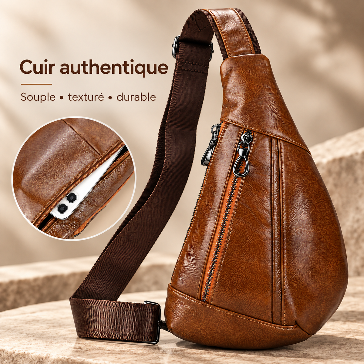 Sac de poitrine homme en cuir véritable, détail du cuir