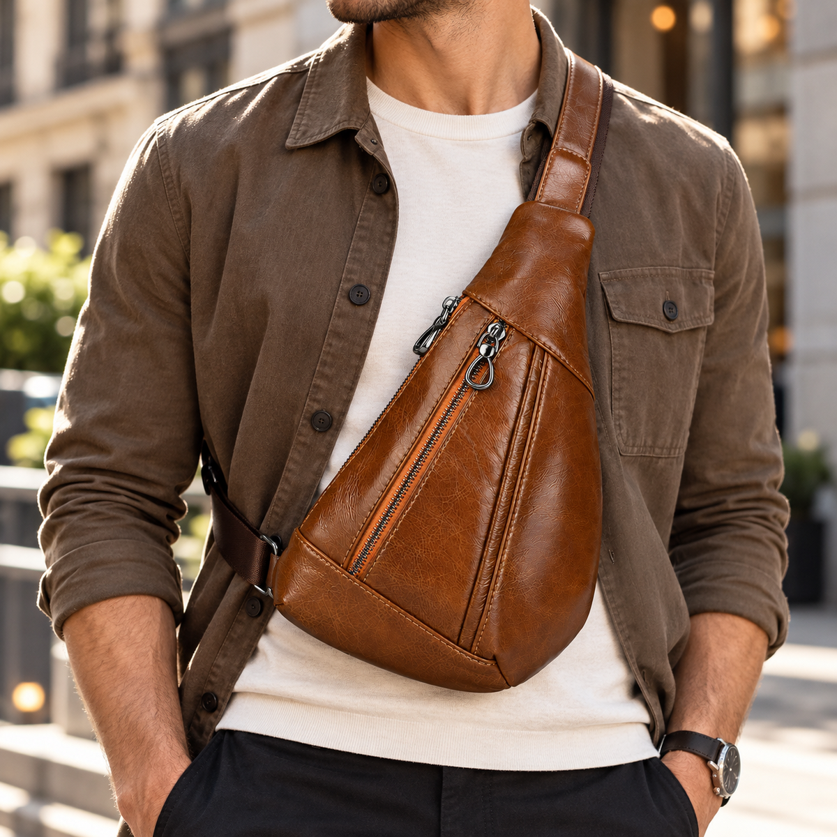 Sac de poitrine homme en cuir brun porté sur le torse
