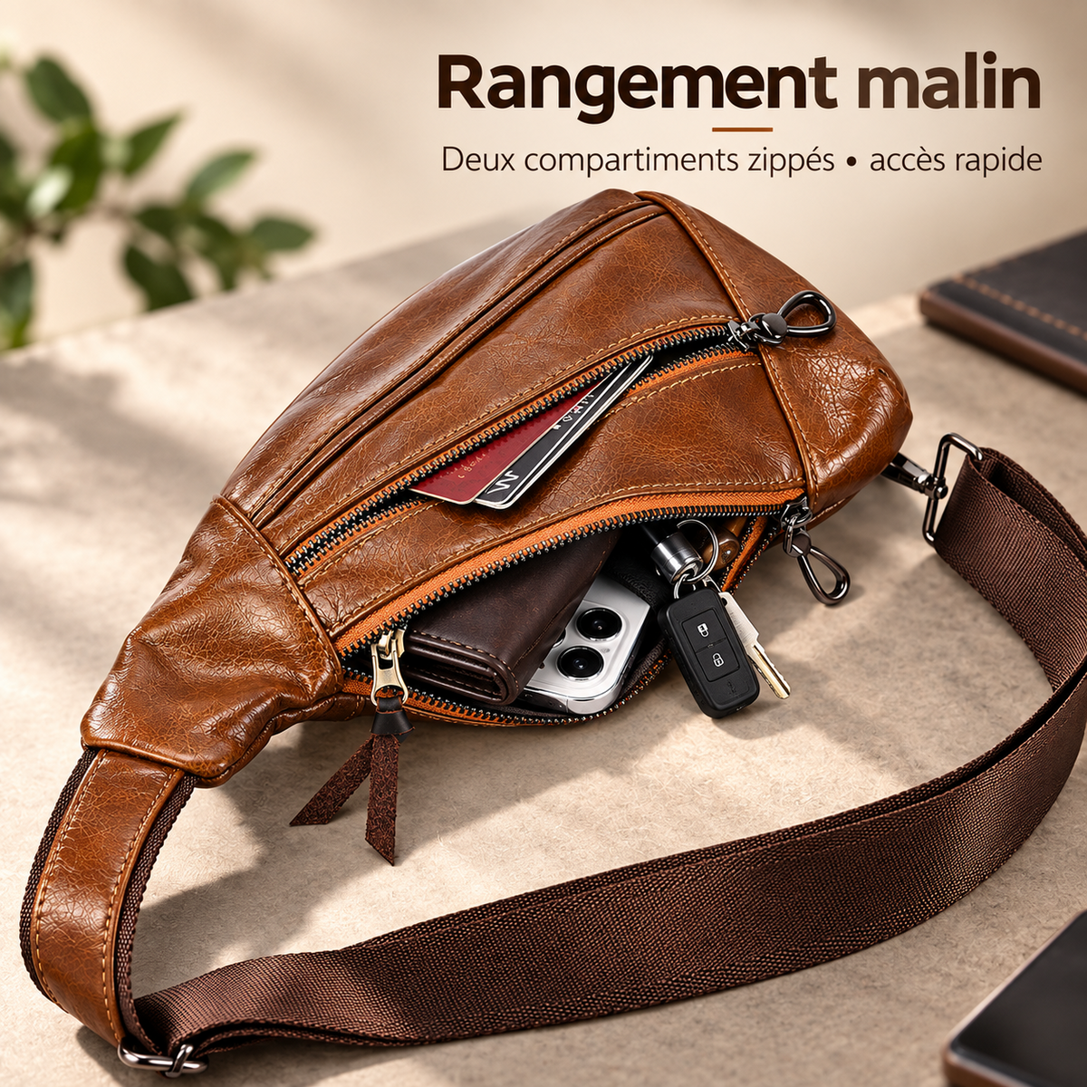 Sac de poitrine homme en cuir, compartiments zippés ouverts