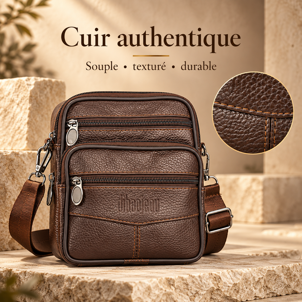Sacoche ceinture homme en cuir véritable grainé, détail