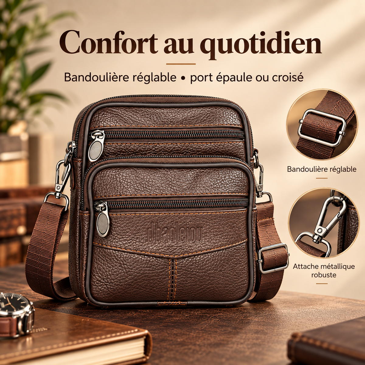 Sacoche ceinture homme en cuir, bandoulière réglable