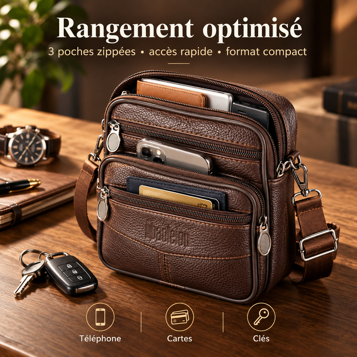 Sacoche ceinture homme en cuir, poches zippées et rangements