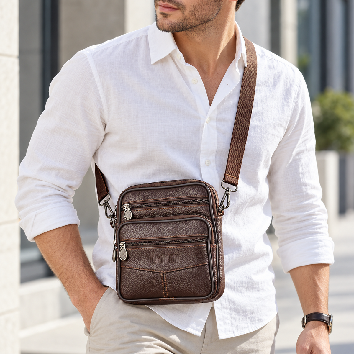 Sacoche ceinture homme en cuir brun portée en bandoulière